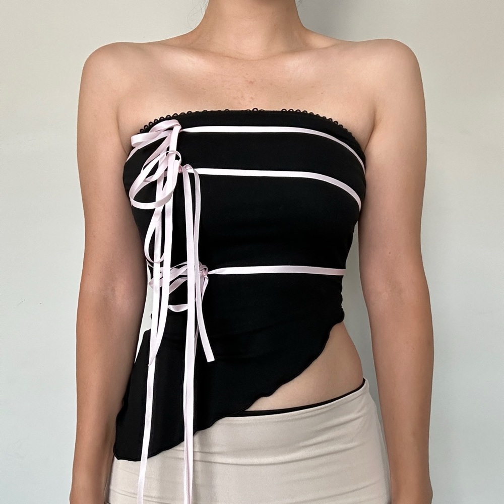 Black Strapless Top with Pink Ribbon Accents